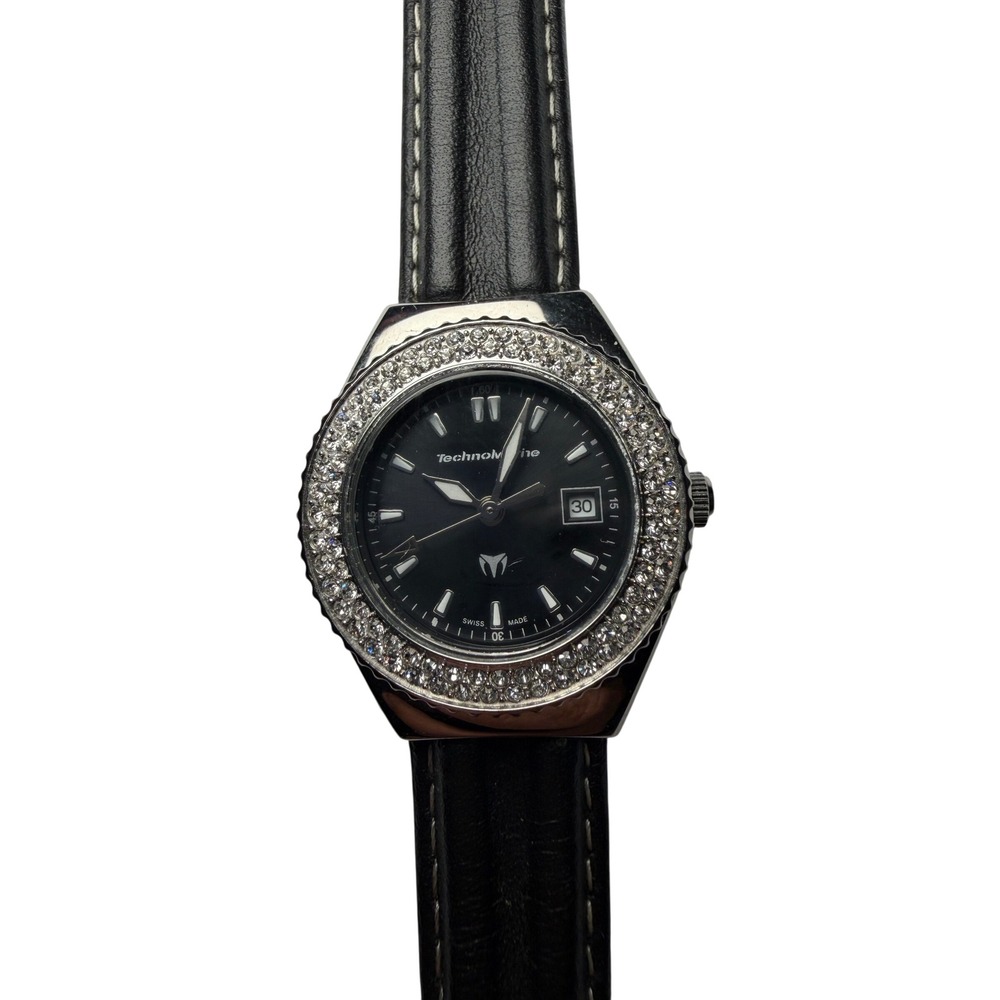TechnoMarine Swiss Made Women's Black Dial Crystal Bezel Date Leather Watch‎